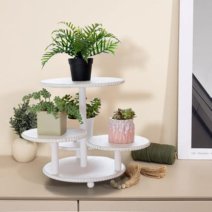 GENMOUS 4 Tiered Beaded Cake and Cupcake Stand Combo for Birthday Party Decor, Rustic Wooden Cupcake Tower Stands for 50 Cupcakes, White Cupcake Tier Stand Display for Wedding Baby Shower Tea Party