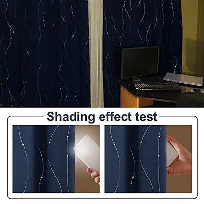 StangH Blackout Curtains Silver Wave Line and Dots Printed Thermal Insulated Window Drapes Grommet Light Blocking Drapery for Living Room Guest Room, Navy Blue, W52 x L72 inches, 2 Panels - color: Silver Navy, size: 52"W x 72"L (Pack of 2)