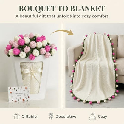 Tulip Crochet Flower Bouquet Blanket, Handmade Knitted Throw Blanket - color: Pink Tulip, size: Large