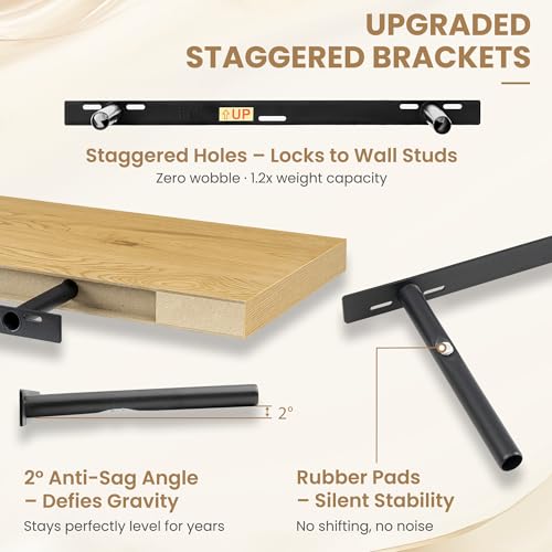 24 Inch Long Floating Shelves for Wall Set of 2, 12"D Wood Grain Shelves - color: Oak, size: 24"Wx12"Dx2"H, 2P