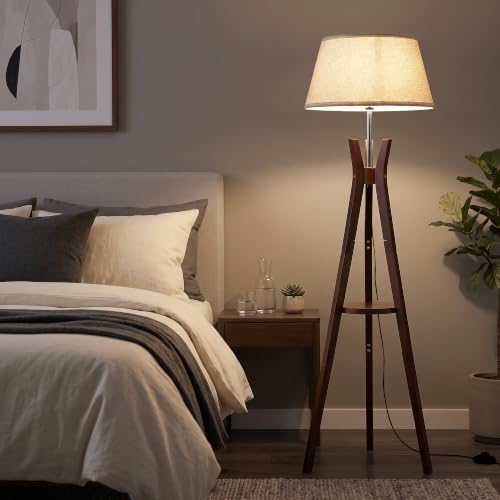 Tripod Floor Lamp with Shelves, 59'' Standing Lamp for Bedroom - color: Walnut