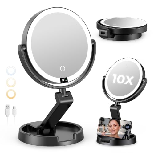 Lighted Travel Makeup Mirror,1X/10X Magnification,3 Light Modes,Black - color: Black