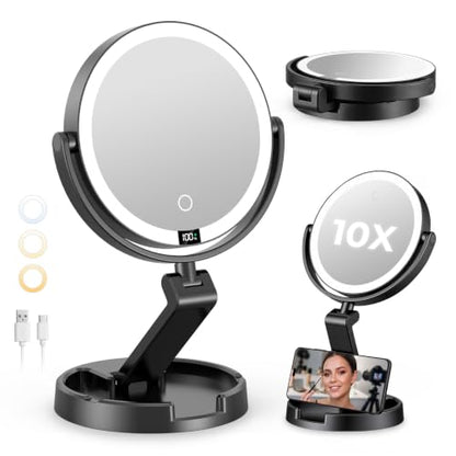 Lighted Travel Makeup Mirror,1X/10X Magnification,3 Light Modes,Black - color: Black