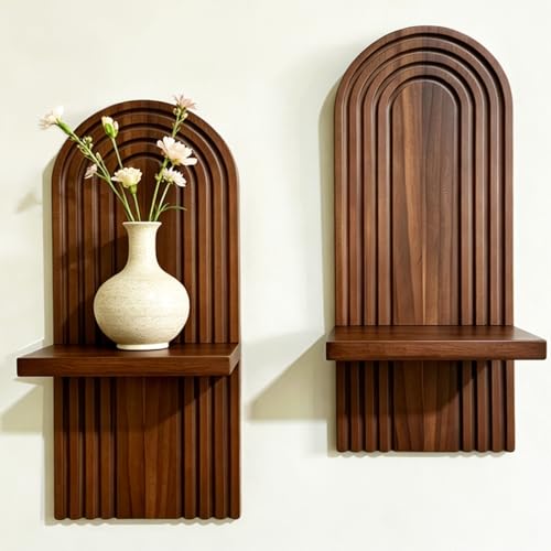Boho Rattan Wall Floating Shelves Set of 2, Mid Century Modern Natural Wood Wall Mounted Shelves, Decorative Wall Shelf for Living Room, Bedroom, Bathroom, Office, Plant Display & Home Decor (Brown) - color: Brown