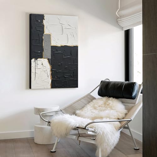 Minimalist Abstract Black & White Geometric Canvas Wall Art for Living Room - color: Textured Drip, size: 24"L x 36"W