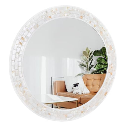 Round Bathroom Mirror 36 Inch, White Framed Mosaic Shell Mirrors - size: 36"L x 36"W