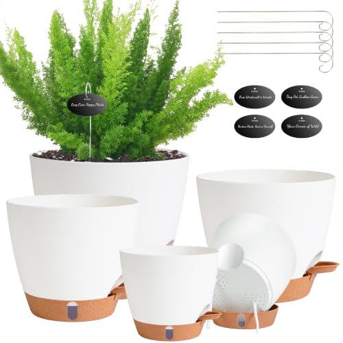 Self Watering Pots for Inoor Ourdoor Plants 8/7/6.5/6/5" Plastic Planters - color: White, size: 8/7/6.5/6/5 Inch