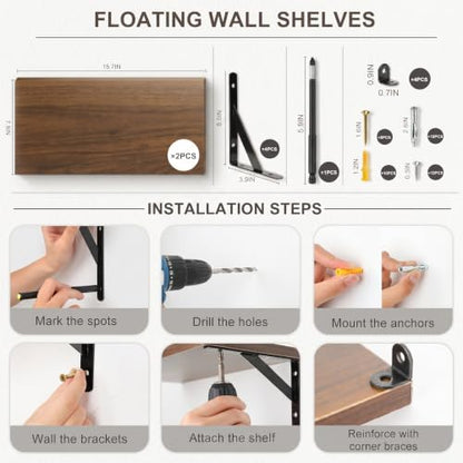 Walnut Floating Shelves Wall Mounted Set of 2, Heavy Duty Wood Wall Shelves with Reinforced Anti-Sag Brackets, Includes 12 Hollow Wall Anchors & Complete Installation Kit for Drywall & Concrete