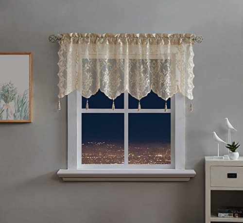 Warm Home Designs Brown Lace Kitchen Valance with Tassels. L Linen Valance - color: Brown Linen, size: 54"W x 22"L (Pack of 1)