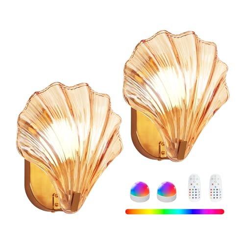 Vintage Battery Operated Wall Sconces with Remote, Amber Rechargeable Wireless Wall Sconces with Magnetic LED Bulbs, Indoor Shell Shaped Wall Lights for Living Room, Bedroom, Doorway, Set of 2 - color: Amber, size: 2-Pack