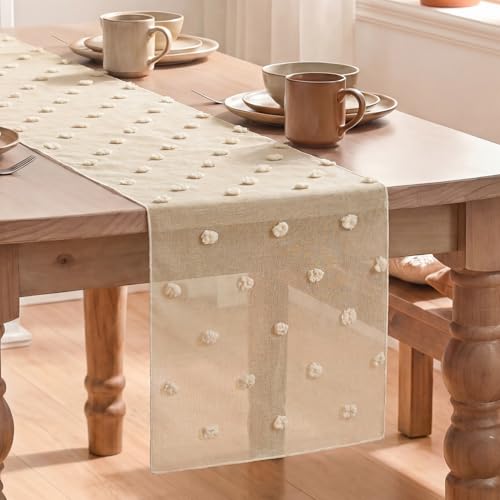 Artoid Mode Champagne Pom Pom Tulle Table Runner, Seasonal Washable Kitchen Dining Table Decoration for Home Party Decor 12x72 Inch - color: Champagne, size: 12" x 72", Table Runner