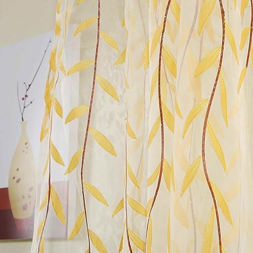 Ufurty 2pcs Willow Leaf Window Curtain Voile Tulle Sheer Vine Curtains - color: Yellow Leaf, size: 39.4"W x 78.7"L (Pack of 2)