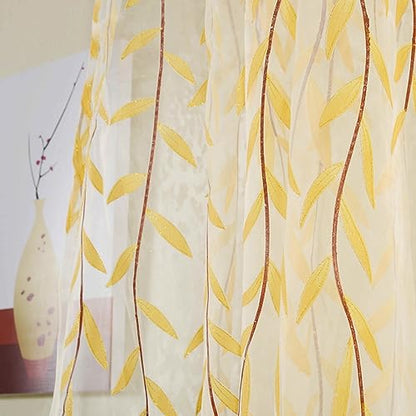 Ufurty 2pcs Willow Leaf Window Curtain Voile Tulle Sheer Vine Curtains - color: Yellow Leaf, size: 39.4"W x 78.7"L (Pack of 2)