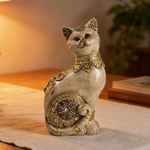 Cat Figurine, Resin Statue, 7.09in Ornate Wood Effect Home Decor