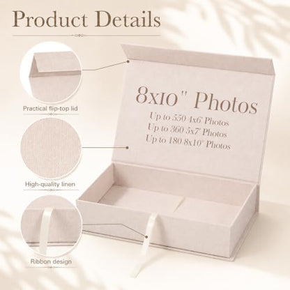 Linen Photo Box, 8×10 Memory Box for Keepsakes Photo Storage Boxes with Lids Stackable for Storing Photos, Postcards, Handwritten Letters, Drawer and Tabletop Organizer, 11.1×8.9×2.5 Inch