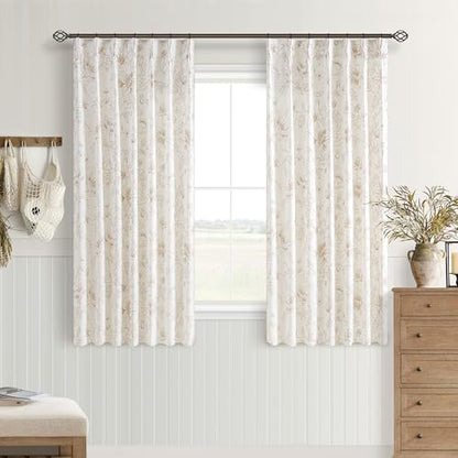 Tan Beige Floral Pleat Linen Small Curtains Semi Sheer Boho Curtain 40x45 - color: Coffee, size: 40"W x 45"L (Pack of 2)