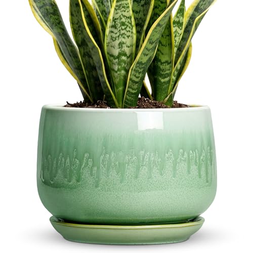 9 Inch Plant Pot - Ceramic Planter with Drainage Hole and Saucer, Decorative Ceramic Pots for Indoor Plants, Round Durable Flower Pot, Office House Patio Decor, Gifts for Plant Lovers, Green - size: 9 Inch, style: Green