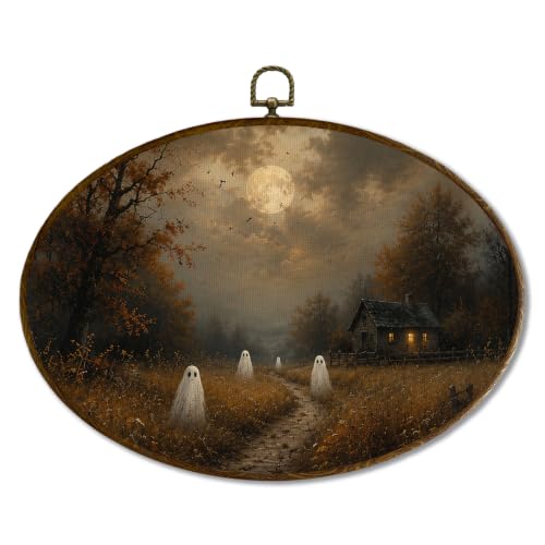JQF Moody Fall Halloween Ghost Oval Wall Decor Framed 11.5x8.5 Inch - color: ghost-7