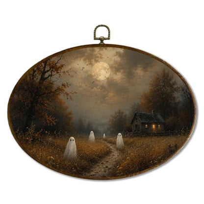 JQF Moody Fall Halloween Ghost Oval Wall Decor Framed 11.5x8.5 Inch - color: ghost-7