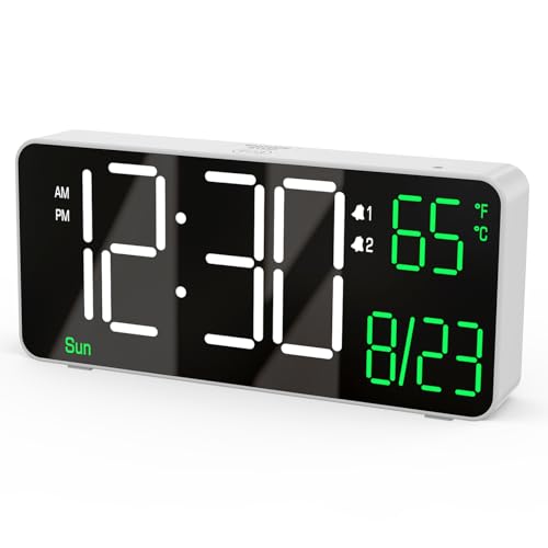 KOSUMOSU Digital Alarm Clock,6.7in Small Digital Clock for Bedroom,Auto Dimming,Date,Week,Seconds or Indoor Temperature,LED Desk Clocks for Living Room, Alarm Clocks for Bedrooms - color: White (White + Green Digits)