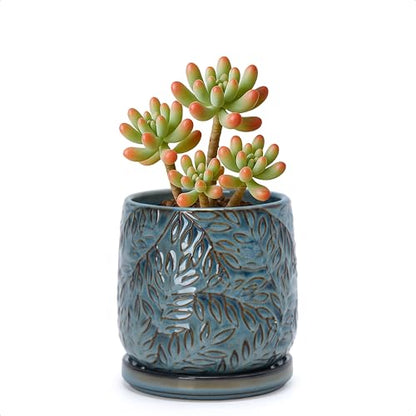 D'vine Dev Embossed Leaves Ceramic Planter, 4 in, Ocean Teal, 27-A-Z-8 - color: Ocean Teal, size: 4 Inch