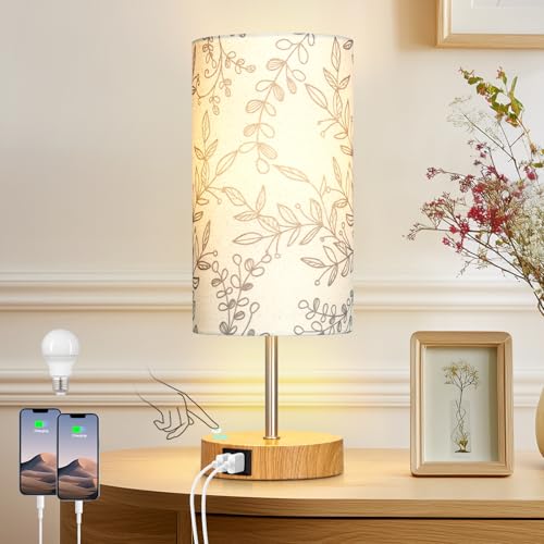 CINSARY Bedside Touch Lamps for Nightstand with 2 USB Charging Ports, 3 Way Dimmable Wood Bedroom Lamp with Flower Fabric Shade, Small Table Lamp for Living Room Reading Desk (LED Bulb Included) - color: Flower3-15" H