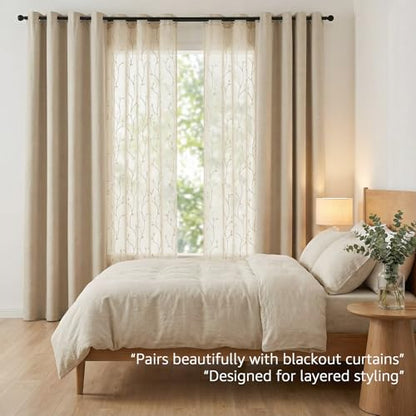 jinchan Beige Leaf Voile Embroidered Curtains 84 Inch Grommet Top 2 Panels - color: Vine Grommet Beige, size: 55"W x 84"L (Pack of 2)