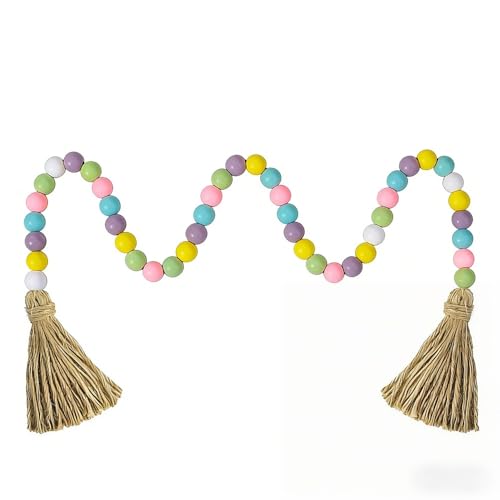 Easter Wood Bead Garland with Jute Tassel, Spring Decor Farmhouse Wooden Beads Rustic Prayer Beads for Tiered Tray Shelf Mantle Home Decor (Multi) - color: Multi Color