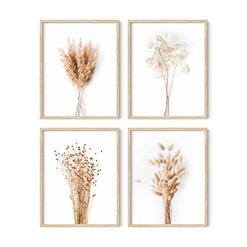 HAUS AND HUES Flower Wall Decor - Set of 4 Floral Wall Art, Flower Wall Art, Floral Pictures Wall Decor (Beige Frame, 11x14) - color: Brown Plant, size: 11x14, style: Beige Framed