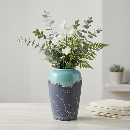 Black and Dark Green Vase, 8 Inch Green Flower Vase, Rustic Ceramic Vases for Home Decor with Crackle Glaze, Modern Decorative Centerpiece for Table, Living Room - color: Wheat Dark Green