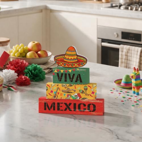 Smile Mexican Independence Day Wooden Block Decor Set Viva Mexico Sombrero Tiered Tray Tabletop Signs for Home and Party Decor - style: Mexico