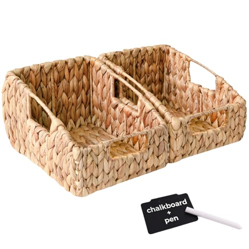 KOKODO 2-Pack Open Front Pantry Baskets, Handwoven Water Hyacinth Wicker Storage Baskets with Built-in Handles, Organizing Bins for Shelves - size: 17.25x9.5x7.5