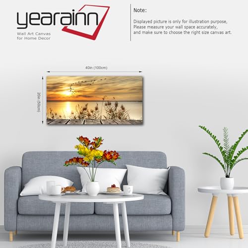 Wall Art Lake Sunset Canvas Art Autumn Nature Picture Dock Wooden Bridge Reeds Birds Flying Shore Dusk Contemporary Artwork for Bedroom Living Room Decoration Home Kitchen Office Wall Decor 20" x 40" - color: Sunset Lake, size: 40"L x 20"W