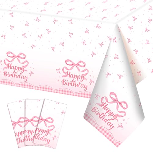 3 Pack Coquette Pink Bow Plastic Tablecloth, Happy Birthday Table Cloth - color: Pink Bow