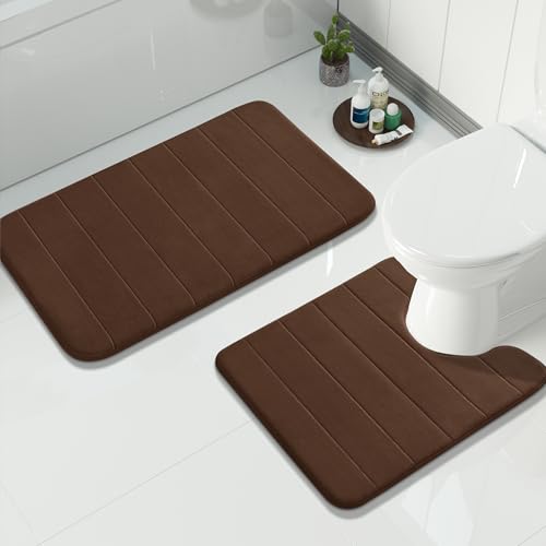 Yimobra Memory Foam Bathroom Mat Set, 31.5 x 20 & 24 x 20 in, Brown - color: Brown, size: 31.5x20+24x20 Inch