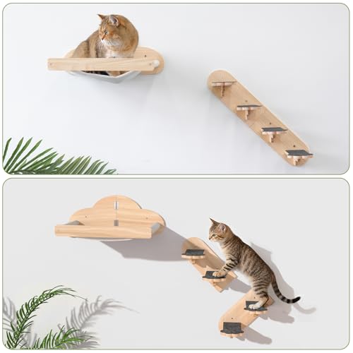 Wall Mounted Cat Hammock with 3 Climbing Steps,Pine Wood Cat Climbing Shelves & Perches up to 30lbs,Kitty Wall Shelf Furniture for Indoor Sleeping, Lounging,Climbing and Playing - size: Hammock