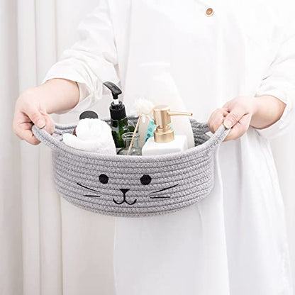 Small Woven Rope Cat Toy Basket with Cat Face Design, Grey - color: Gray, size: 9.8"W x 4"H