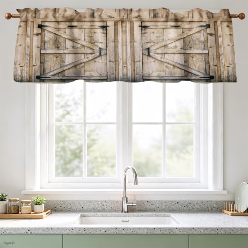 Renaiss 52x18 Inch Farmhouse Wooden Barn Door Kitchen Curtains Rod Pocket Vintage Plank Window Curtains Western Country Small Window Valance for Cafe Bathroom Dining RV Camper Home Decor Linen Drapes - color: Light Brown, size: 52"W x 18"L (Pack of 1)