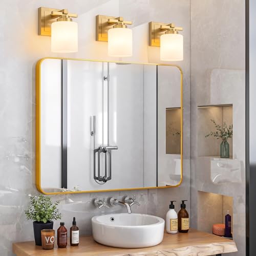 Modern Bathroom Light Fixtures Over Mirror, Vanity Lights for Bathroom Wall Sconces with Milky White Glass Shades, E26 Socket (Bulbs Not Included), 1 Light, Brass - color: Brass, size: 4.72 inch-1-Light