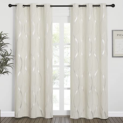 NICETOWN Blackout Curtains Panels for Bedroom, Microfiber Noise Reducing Thermal Insulated Wave Line Foil Print Design Blackout Curtains for Patio Sliding Glass Door (Beige, 2 Panels, 42 x 84 Inch) - color: 1 - Beige, size: 42"W x 84"L (Pack of 2)