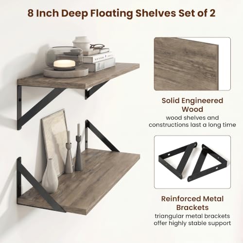 Axeman 18 Inch Floating Shelves, 8 Inch Deep Grey Wall Shelves Set of 2 - color: Grey, size: 18 Inch