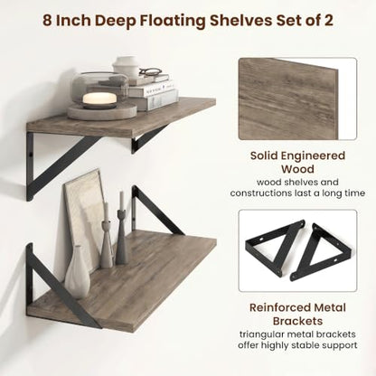 Axeman 18 Inch Floating Shelves, 8 Inch Deep Grey Wall Shelves Set of 2 - color: Grey, size: 18 Inch