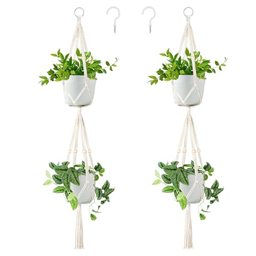 Belit 2 Tier Macrame Plant Hangers with Tassels, 51 Inch, 2 Pack Ivory - color: Beige, size: 51"- 2 Tier