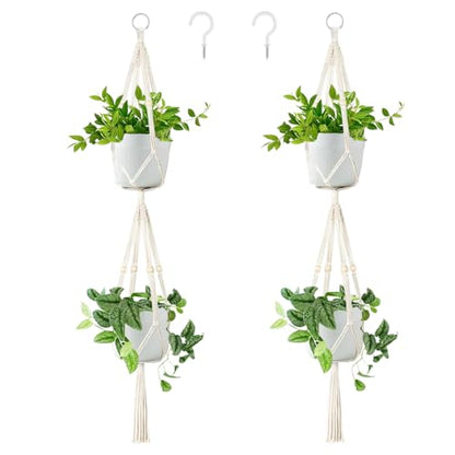 Belit 2 Tier Macrame Plant Hangers with Tassels, 51 Inch, 2 Pack Ivory - color: Beige, size: 51"- 2 Tier