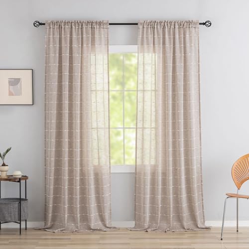 Beige Striped Sheer Curtains 96 Inch, Light Filtering 2 Panels Greige - color: Beige, size: 52"W x 96"L (Pack of 2)