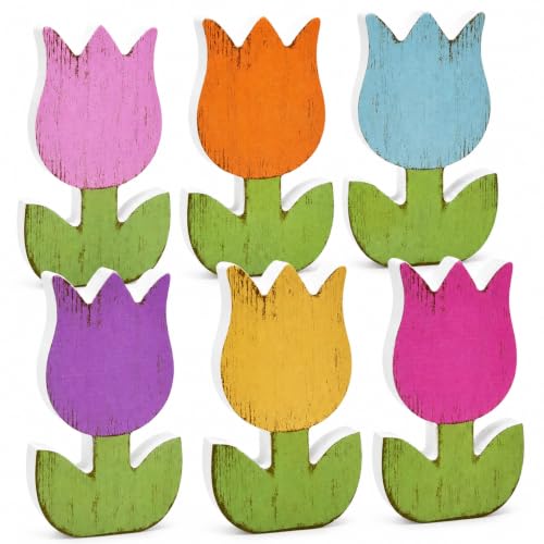 Gift Boutique 6Pcs Spring Tulip Wooden Signs Rustic Farmhouse Flower Table Decorations, Floral Tiered Tray Centerpieces, Tulips Flower Block Tabletop Home Decor