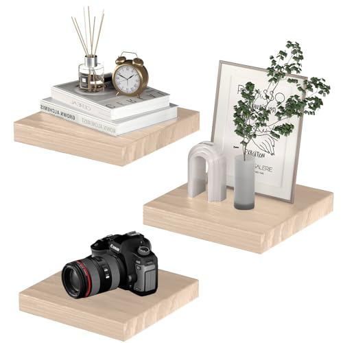 PopiShelves Small Floating Shelves for Wall - 9 Inch Square Natural Wood Shelves for Bedroom, Living Room, Bathroom, Kitchen, Office Decor Set of 3 - color: Natural Wood, size: 9"