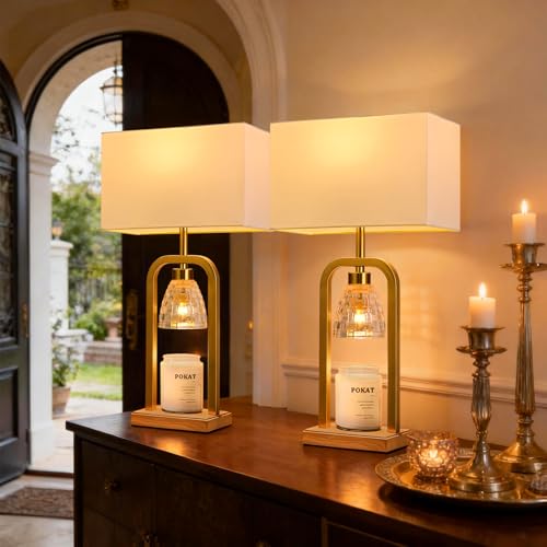 PoKat 2 in 1 Gold Table Lamp with Candle Warmer, Timer & Dimmer, Modern - color: Set of 1 - Brushed Gold With Wood-print Finish