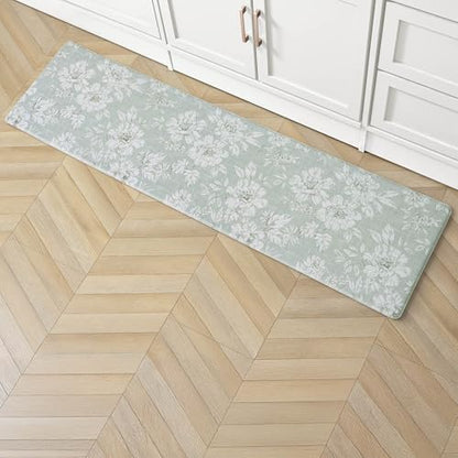 Laura Ashley - Anti-Fatigue Kitchen Mat, Iris Floral Design, Stain, Water & Fade Resistant, Cooking & Standing Relief, Non-Slip Backing, Measures 17.5" x 60", Sage Green Iris - color: Sage Green, size: 60"L x 17.5"W x 0.47"Th