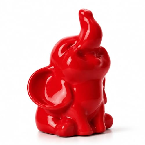 Good Luck Elephant Decor for Home, Ceramic Small Elephant Statue Figurine - color: Happy Red